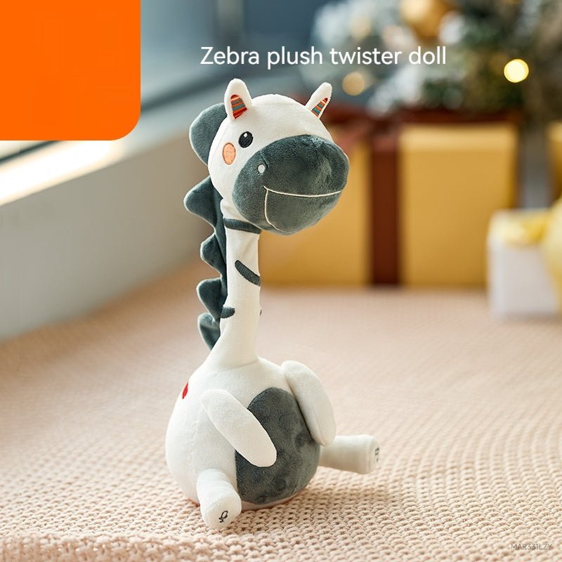 Babelio zebra plush twister doll on beige nursery carpet with gift boxes in background