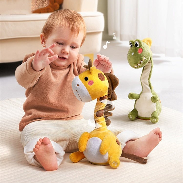 Baby playing with plush giraffe and dinosaur toys on nursery floor, Babelio