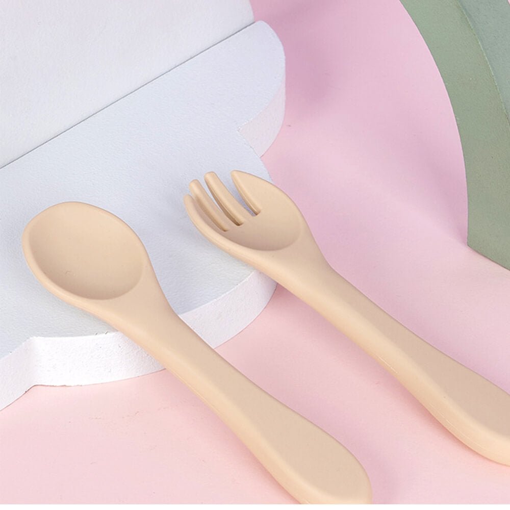 LulliNini Baby Soft - Grip Silicone Spoon and Fork Set - Perfect for Training and Teething - babeliobaby - Beige - 