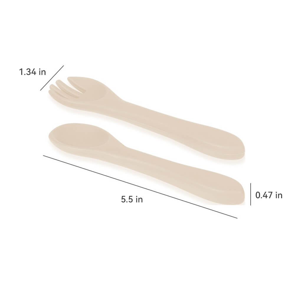Babelio silicone baby spoon and fork set in beige, shown with size measurements on white background