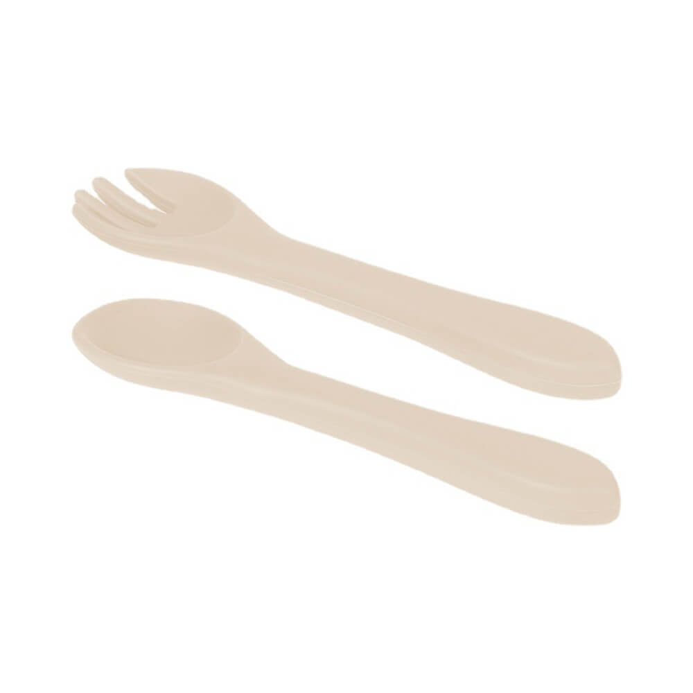 LulliNini Baby Soft - Grip Silicone Spoon and Fork Set - Perfect for Training and Teething - babeliobaby - Beige - 