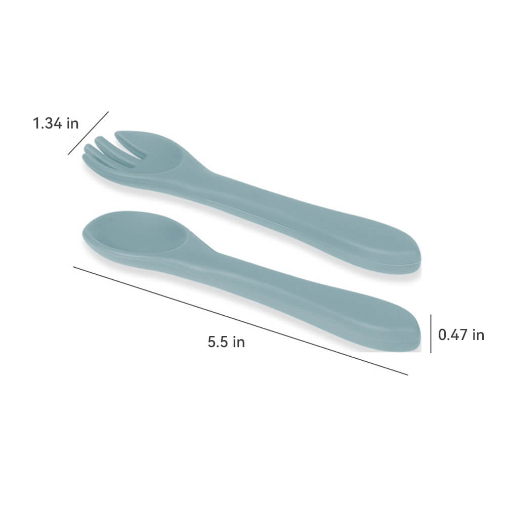 Babelio baby silicone spoon and fork set, blue, for feeding and training, shown with size measurements.