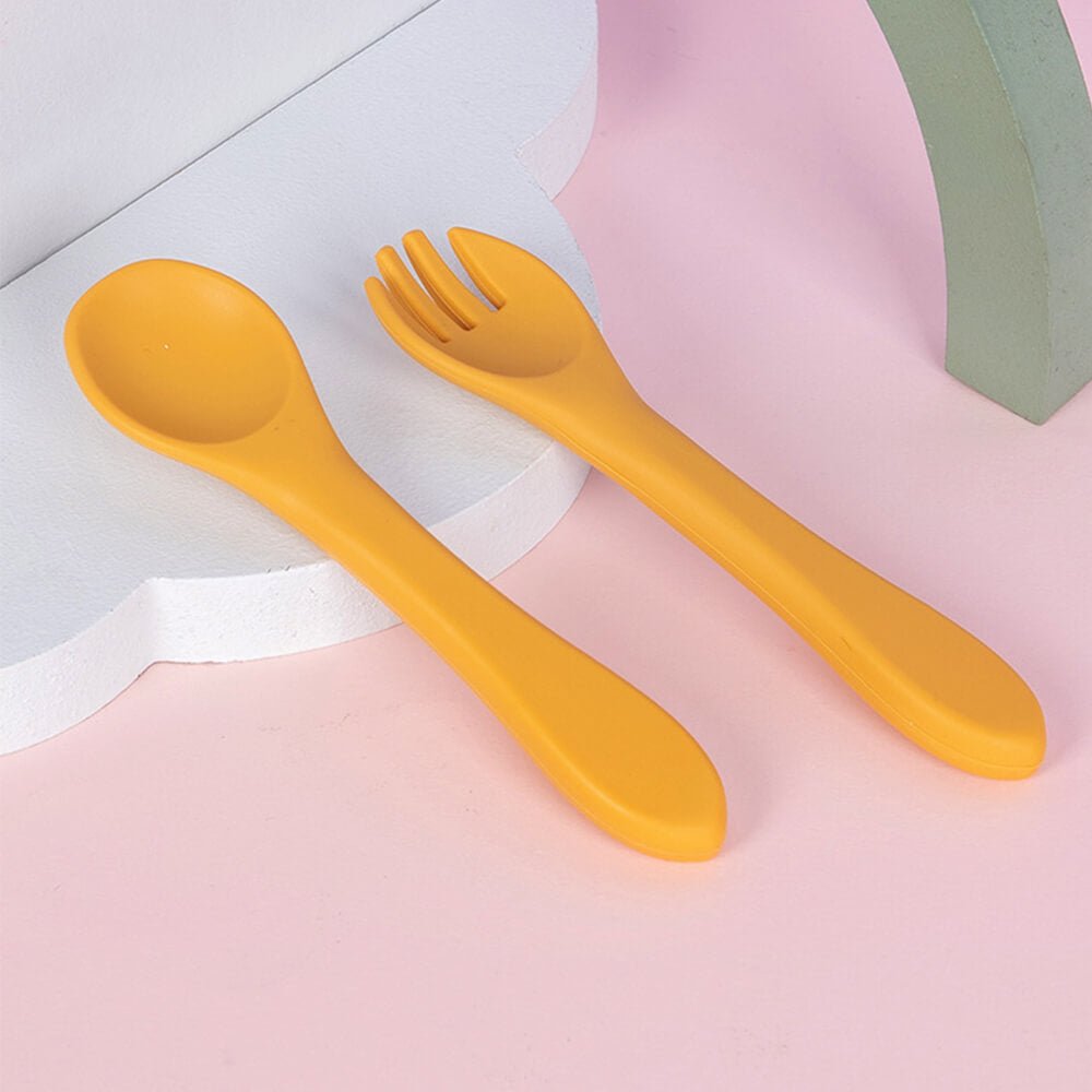 LulliNini Baby Soft - Grip Silicone Spoon and Fork Set - Perfect for Training and Teething - babeliobaby - Yellow - 