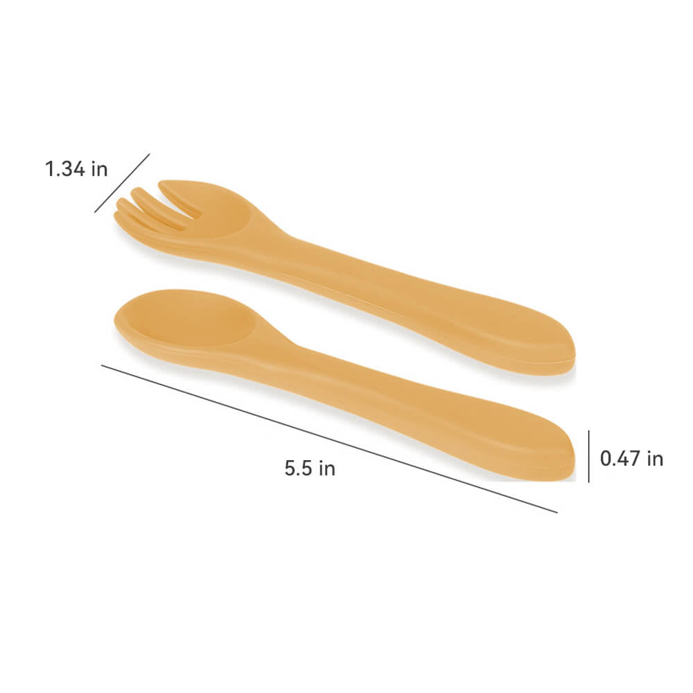 Babelio baby silicone spoon and fork set in tan, shown on white background with dimensions