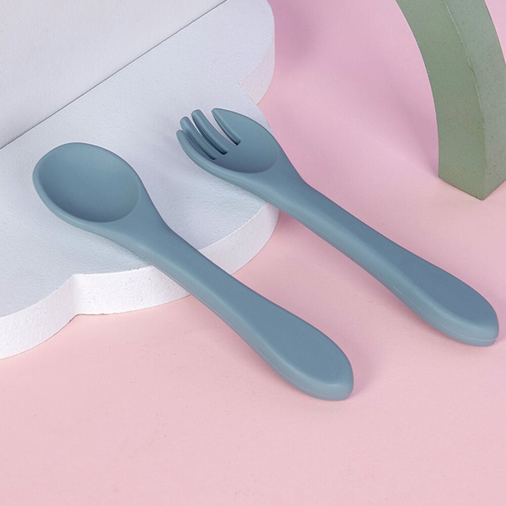LulliNini Baby Soft - Grip Silicone Spoon and Fork Set - Perfect for Training and Teething - babeliobaby - Blue - 