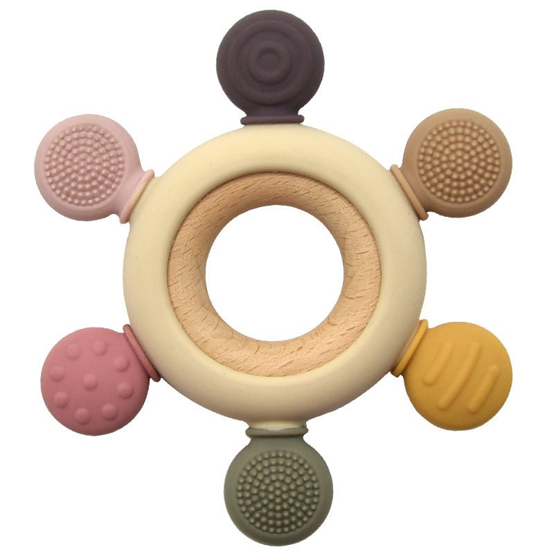 Babelio baby silicone and wood teether toy with textured tips, nursery accessory