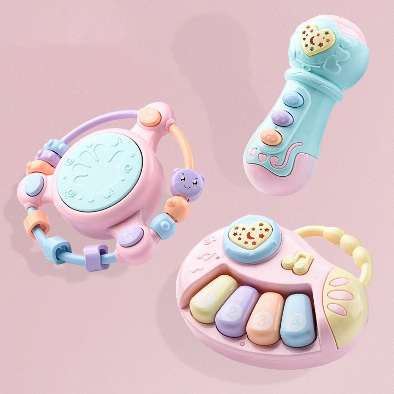 Babelio pastel baby musical toys set with rattle, keyboard, and microphone on pink background