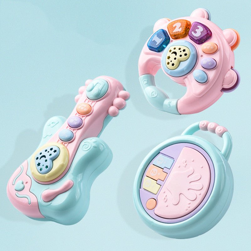 Babelio pastel baby musical toys set with interactive buttons on a light blue background