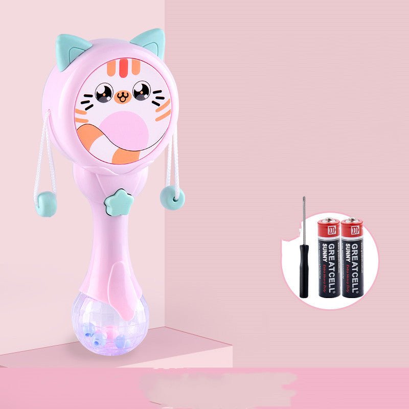 Babelio pink cat-themed baby rattle toy with batteries, styled in nursery setting