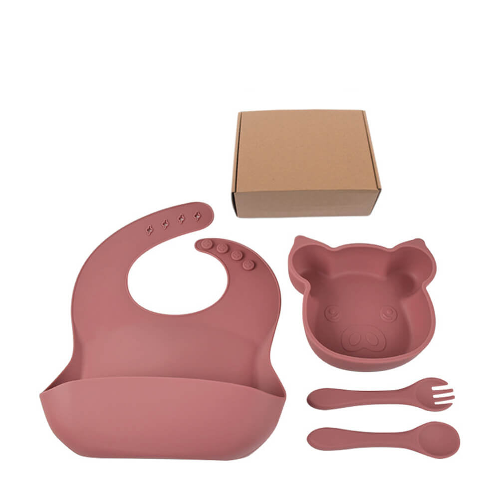 LulliNini Children's Silicone Piggy Dinnerware Set - All - in - One Feeding Kit with Plate, Utensils & Bib - babeliobaby - Brick Red - 