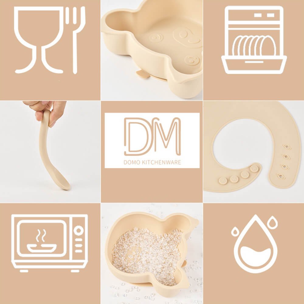 Babelio silicone children's dinnerware set with animal plate, spoon, and bib, kitchen setting