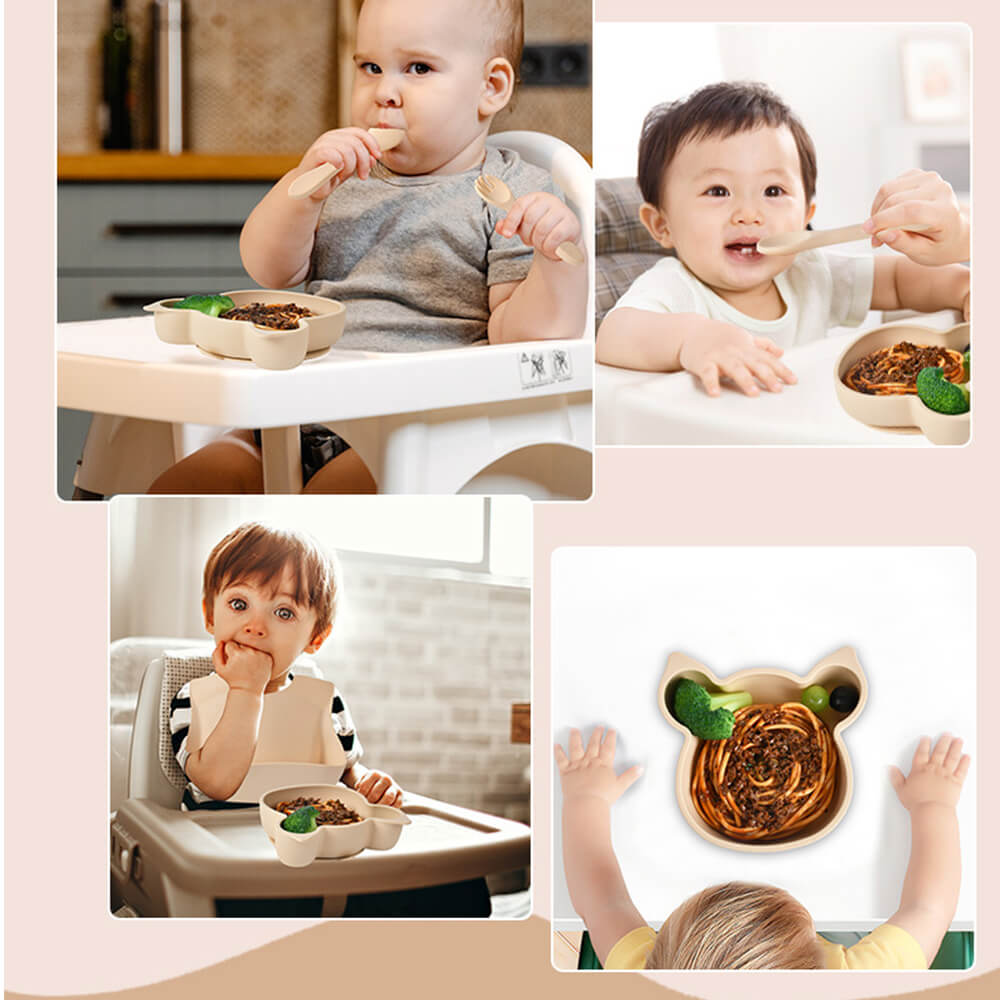 LulliNini Children's Silicone Piggy Dinnerware Set - All - in - One Feeding Kit with Plate, Utensils & Bib - babeliobaby - Brick Red - 