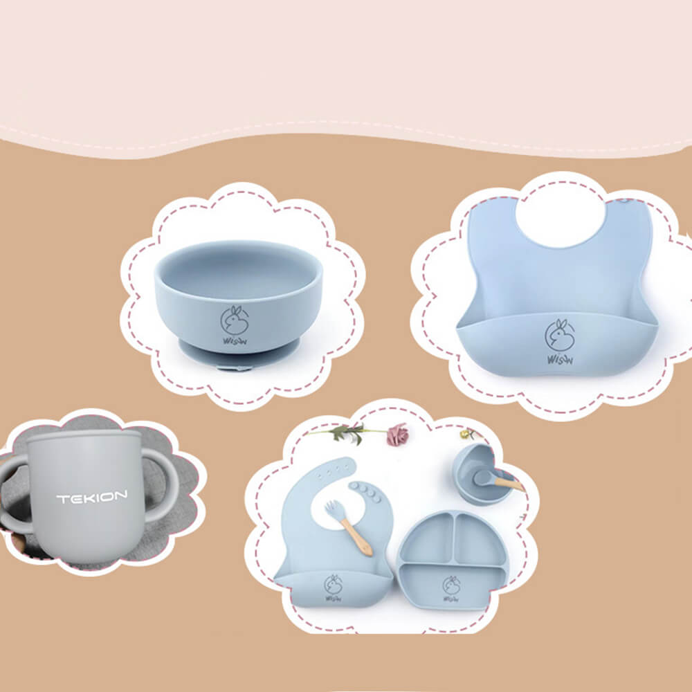 Babelio blue silicone baby dinnerware set with plate, bib, bowl, cup, and utensils