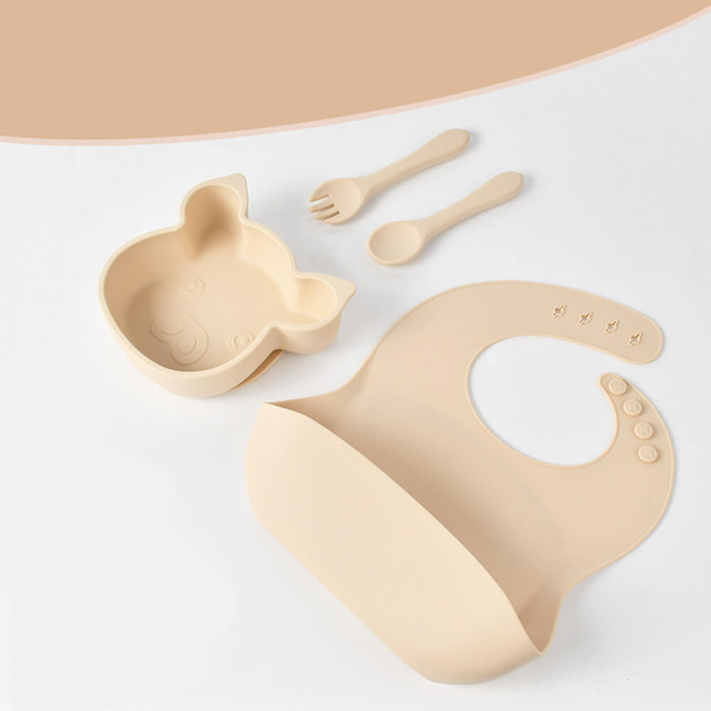 LulliNini Children's Silicone Piggy Dinnerware Set - All - in - One Feeding Kit with Plate, Utensils & Bib - babeliobaby - Brick Red - 