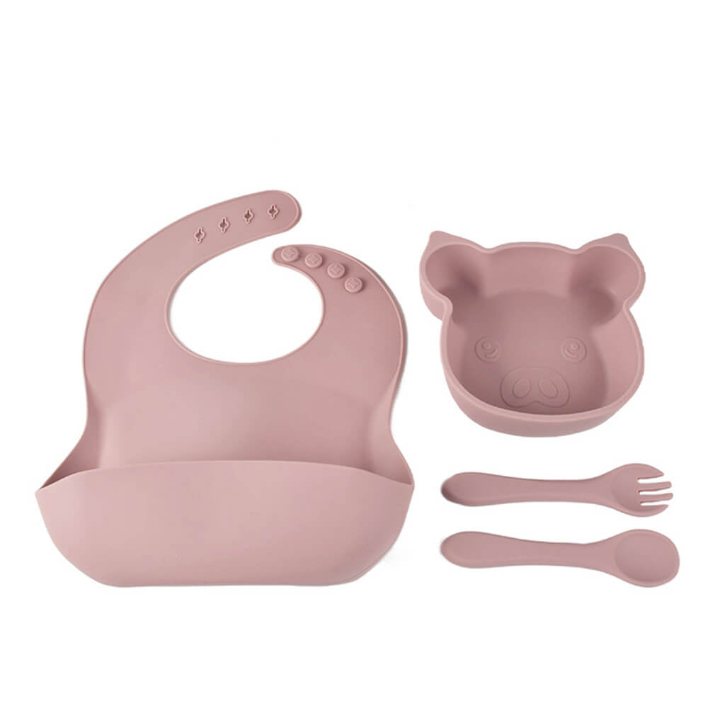 LulliNini Children's Silicone Piggy Dinnerware Set - All - in - One Feeding Kit with Plate, Utensils & Bib - babeliobaby - Lotus Pink - 