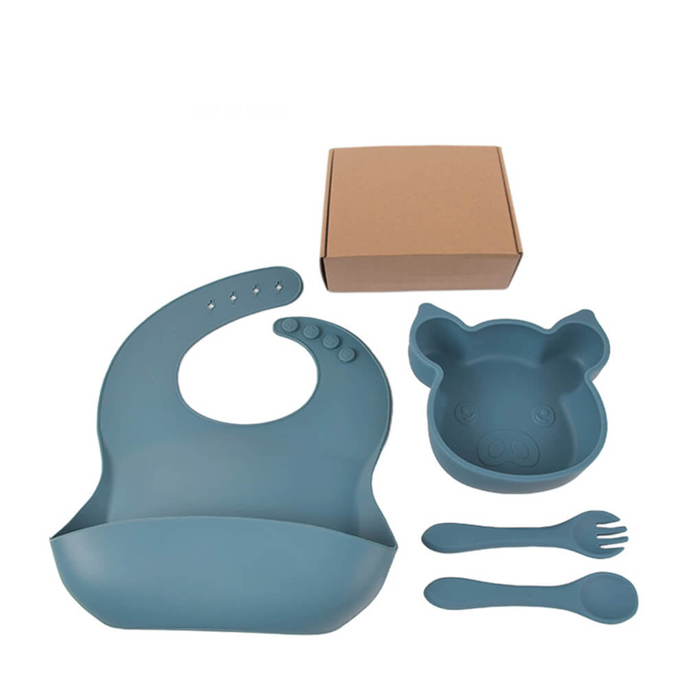 LulliNini Children's Silicone Piggy Dinnerware Set - All - in - One Feeding Kit with Plate, Utensils & Bib - babeliobaby - Deep Blue - 