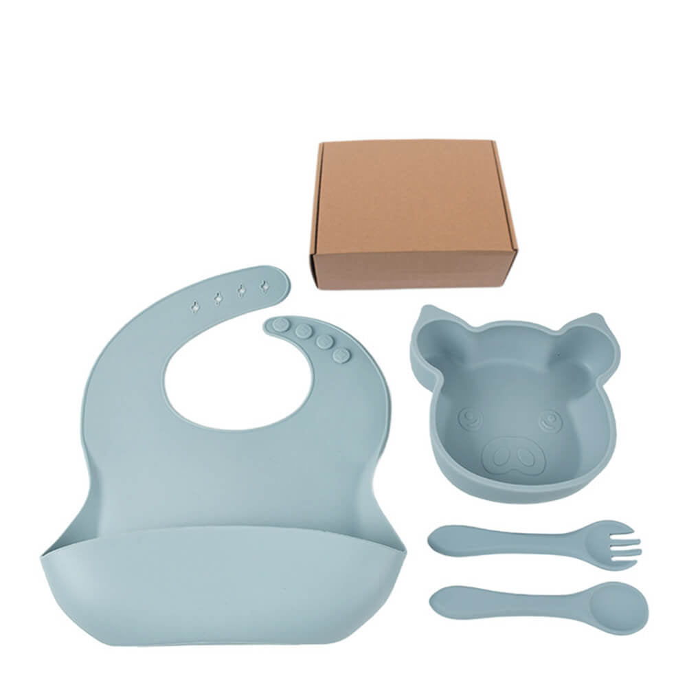 LulliNini Children's Silicone Piggy Dinnerware Set - All - in - One Feeding Kit with Plate, Utensils & Bib - babeliobaby - Gray Blue - 