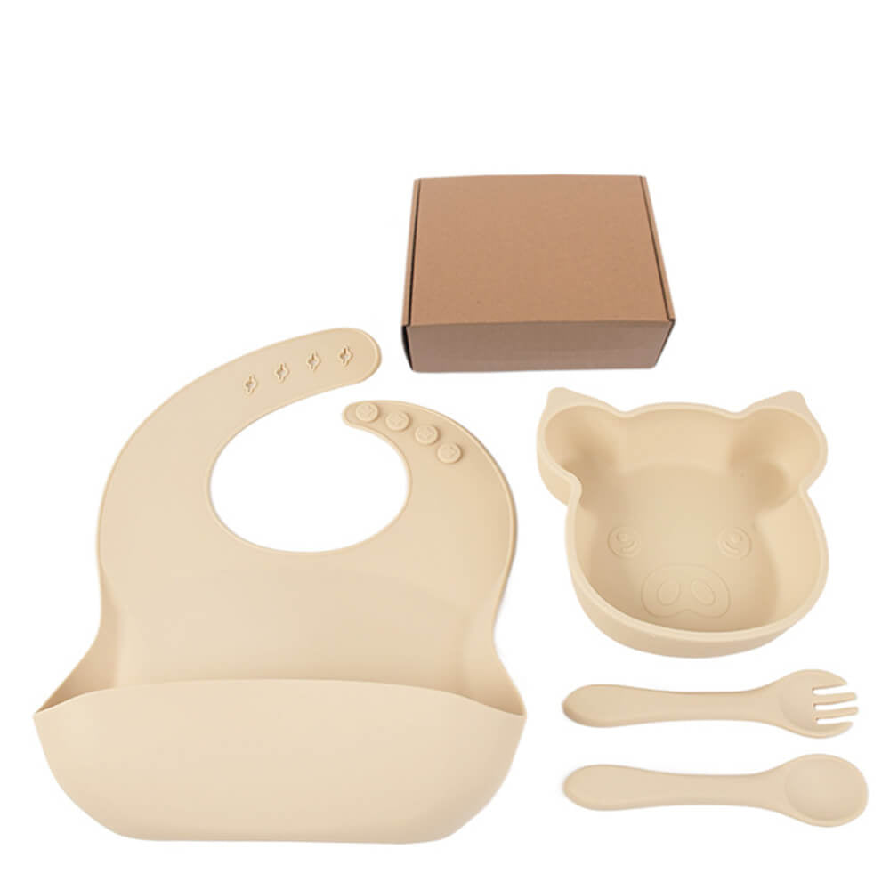 LulliNini Children's Silicone Piggy Dinnerware Set - All - in - One Feeding Kit with Plate, Utensils & Bib - babeliobaby - Off - White - 