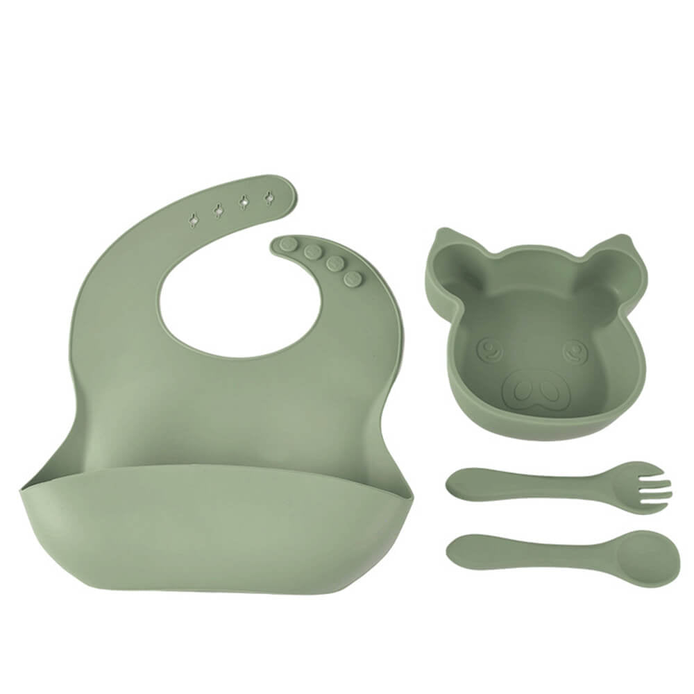 LulliNini Children's Silicone Piggy Dinnerware Set - All - in - One Feeding Kit with Plate, Utensils & Bib - babeliobaby - Army Green - 