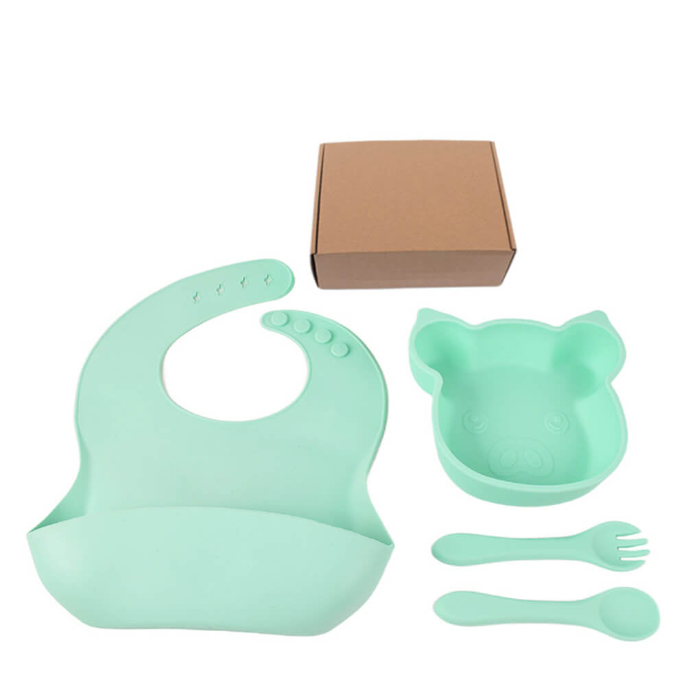 LulliNini Children's Silicone Piggy Dinnerware Set - All - in - One Feeding Kit with Plate, Utensils & Bib - babeliobaby - Mint Green - 