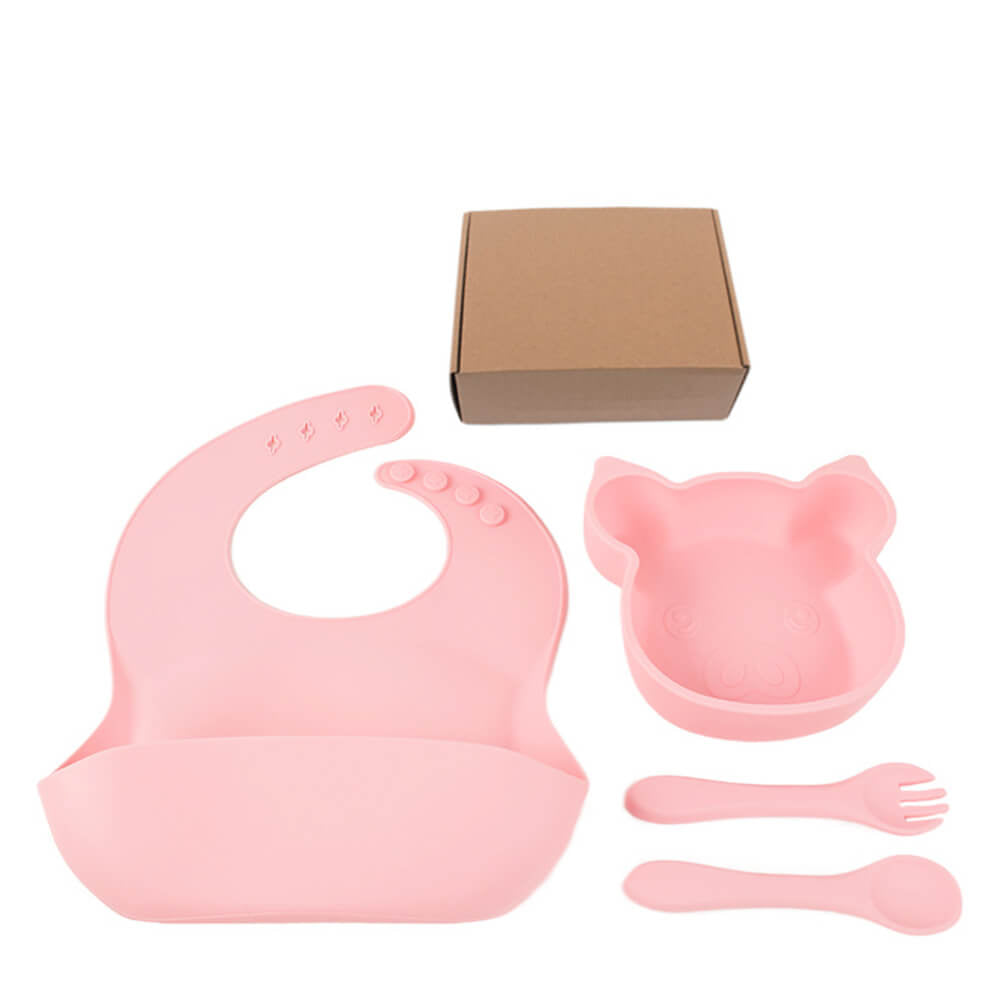 LulliNini Children's Silicone Piggy Dinnerware Set - All - in - One Feeding Kit with Plate, Utensils & Bib - babeliobaby - Pink - 