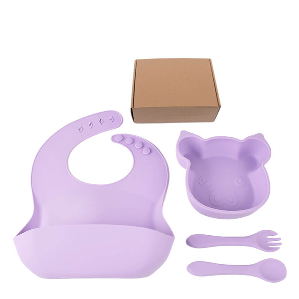 LulliNini Children's Silicone Piggy Dinnerware Set - All - in - One Feeding Kit with Plate, Utensils & Bib - babeliobaby - Purple - 