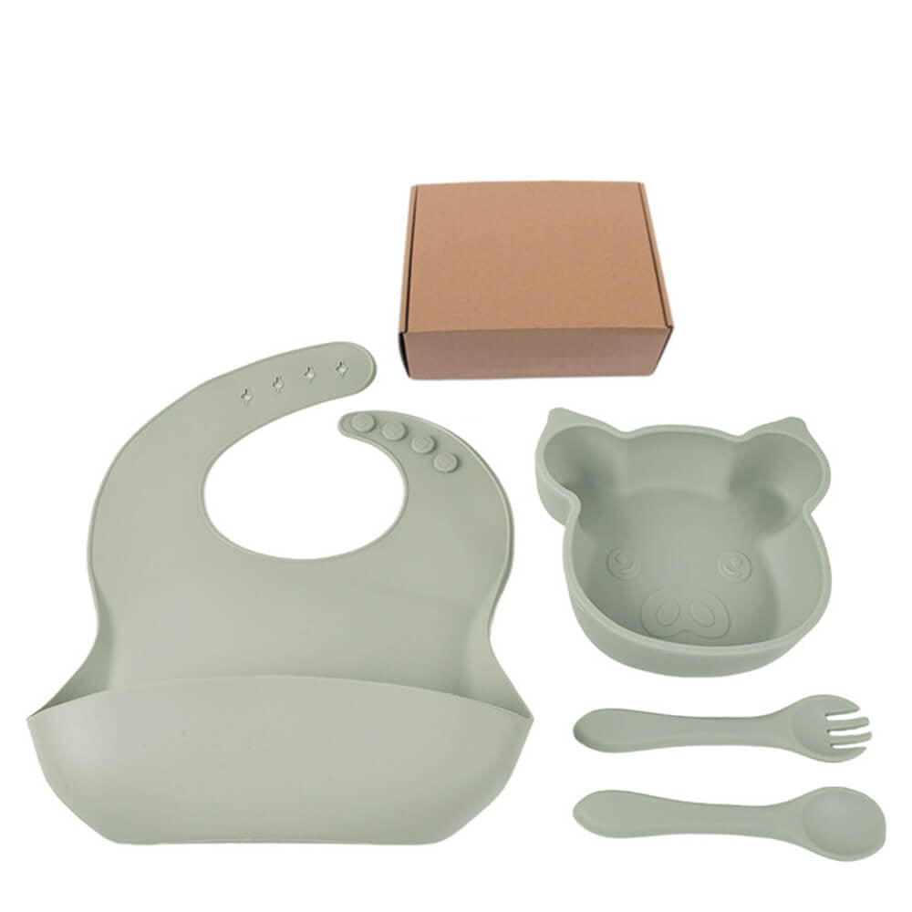LulliNini Children's Silicone Piggy Dinnerware Set - All - in - One Feeding Kit with Plate, Utensils & Bib - babeliobaby - Gray - 