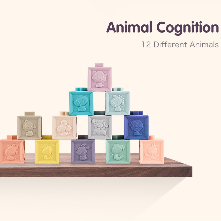 Babelio colorful animal cognition baby blocks set on a nursery shelf, 12 different animals