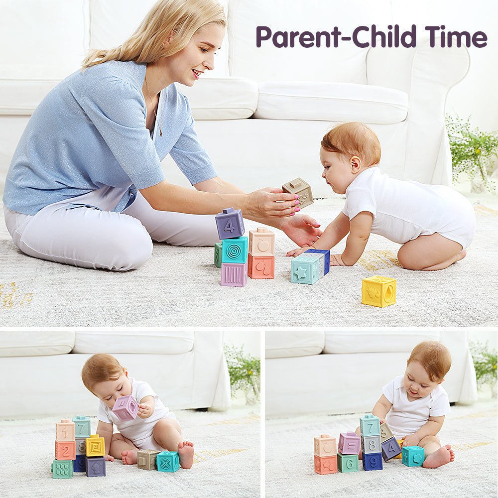 Babelio parent and baby playing with colorful stacking blocks in a living room