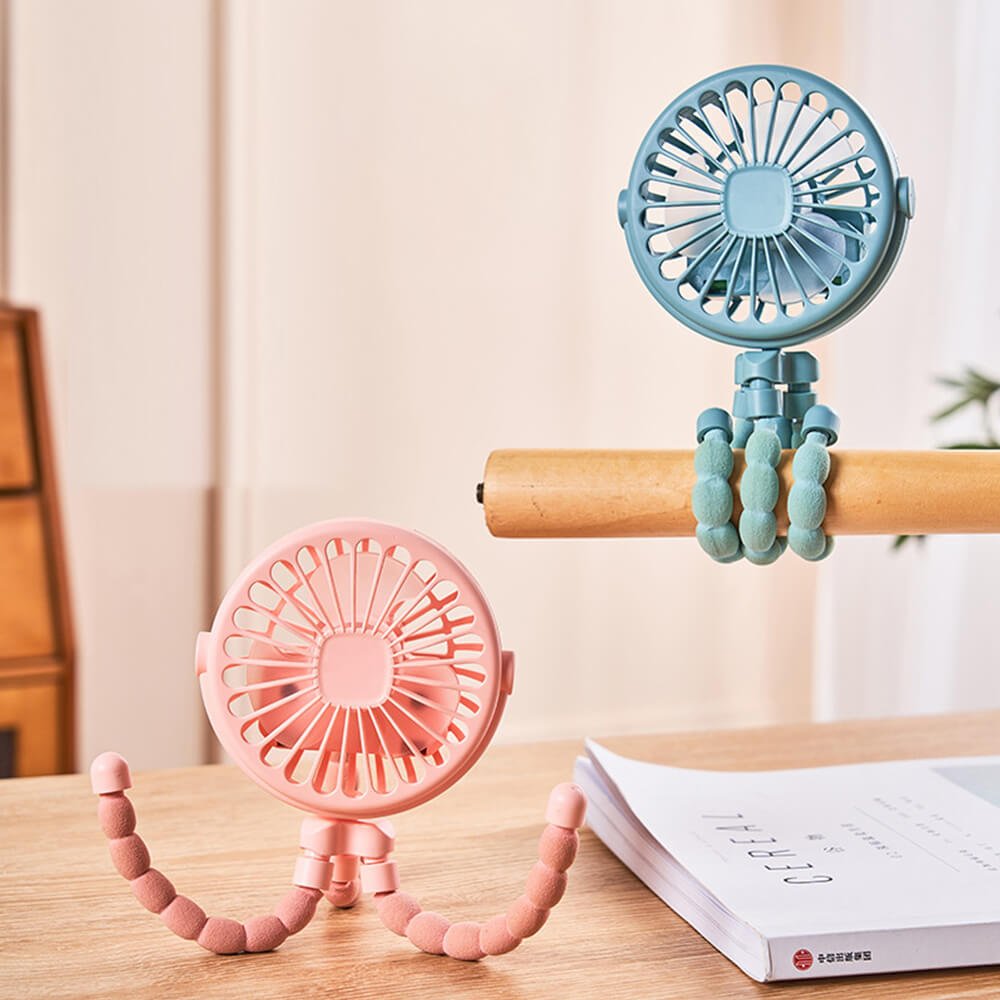 Babelio portable mini stroller fans with flexible tripod legs on a nursery table