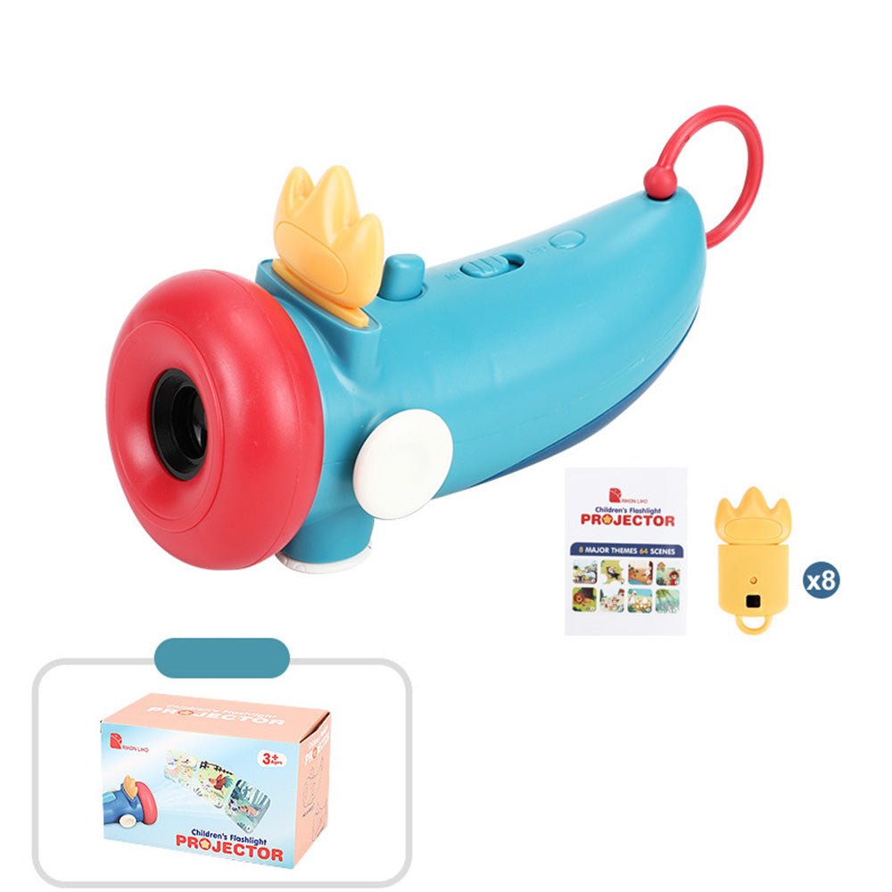 Babelio children's projector toy with blue and red body, yellow crown accent, and accessories