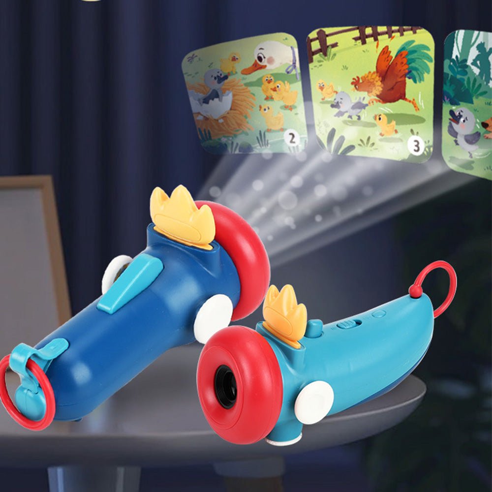 Babelio colorful projector toy displaying animal story slides in a nursery setting