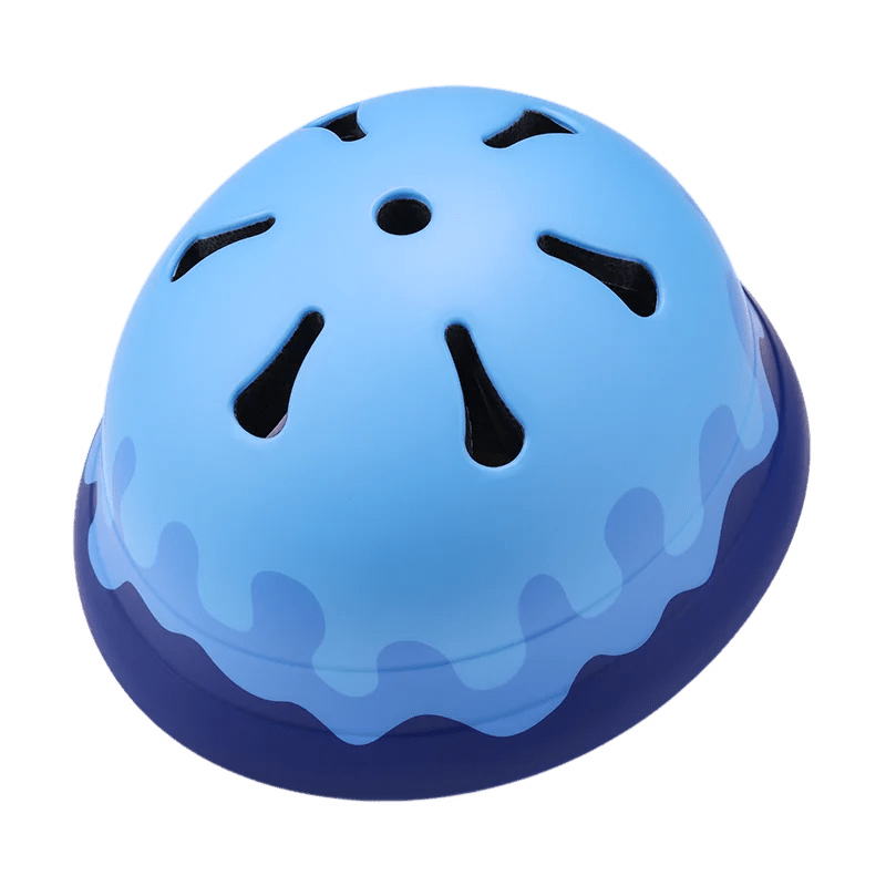 Babelio blue kids balance bike helmet with ventilation holes, isolated on white background.