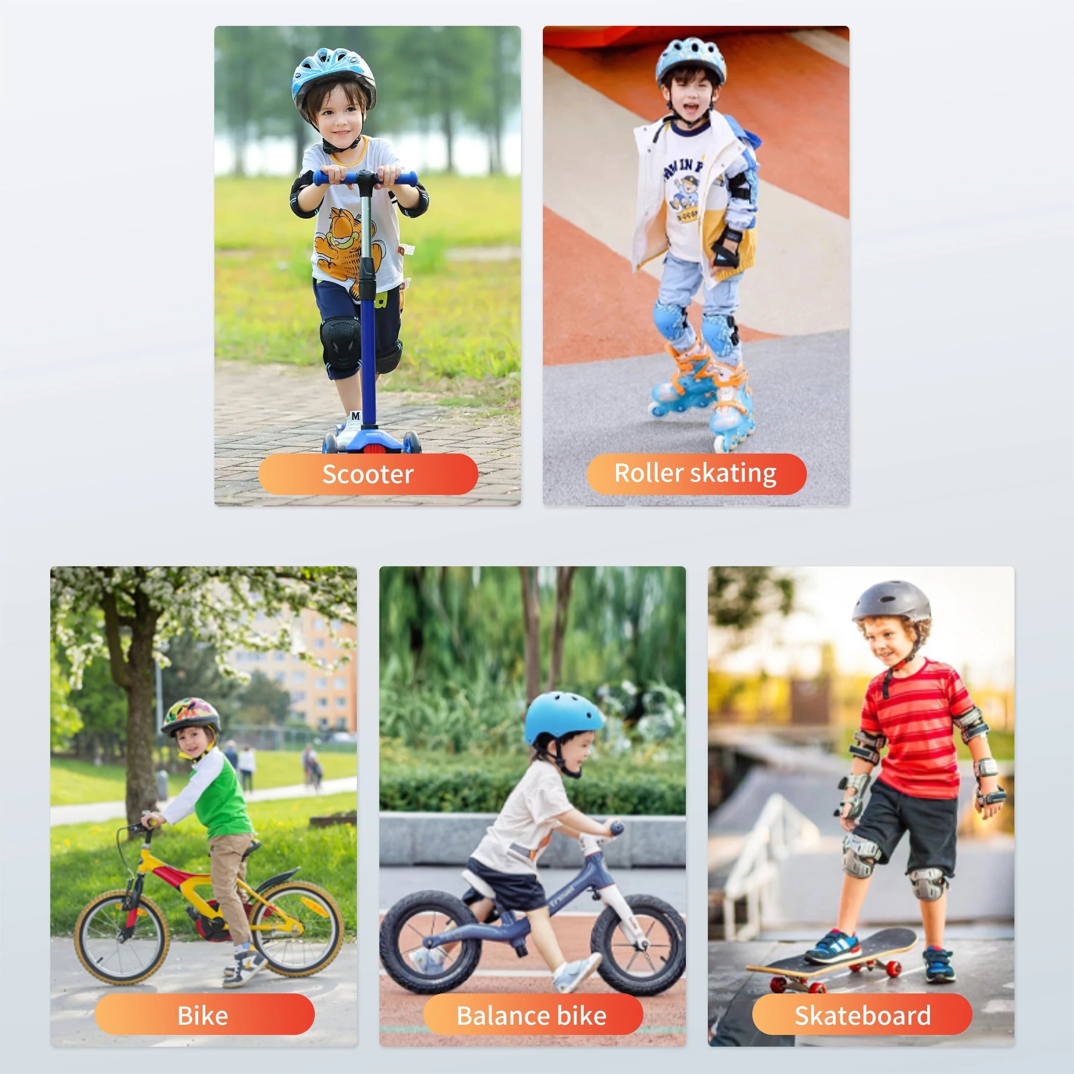 Babelio kids wearing helmets riding scooter, roller skates, bike, balance bike, and skateboard outdoors