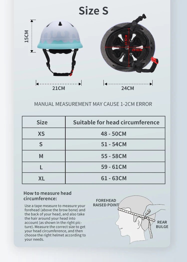Babelio kids balance bike helmet size S, light blue, with head size chart and measuring guide.