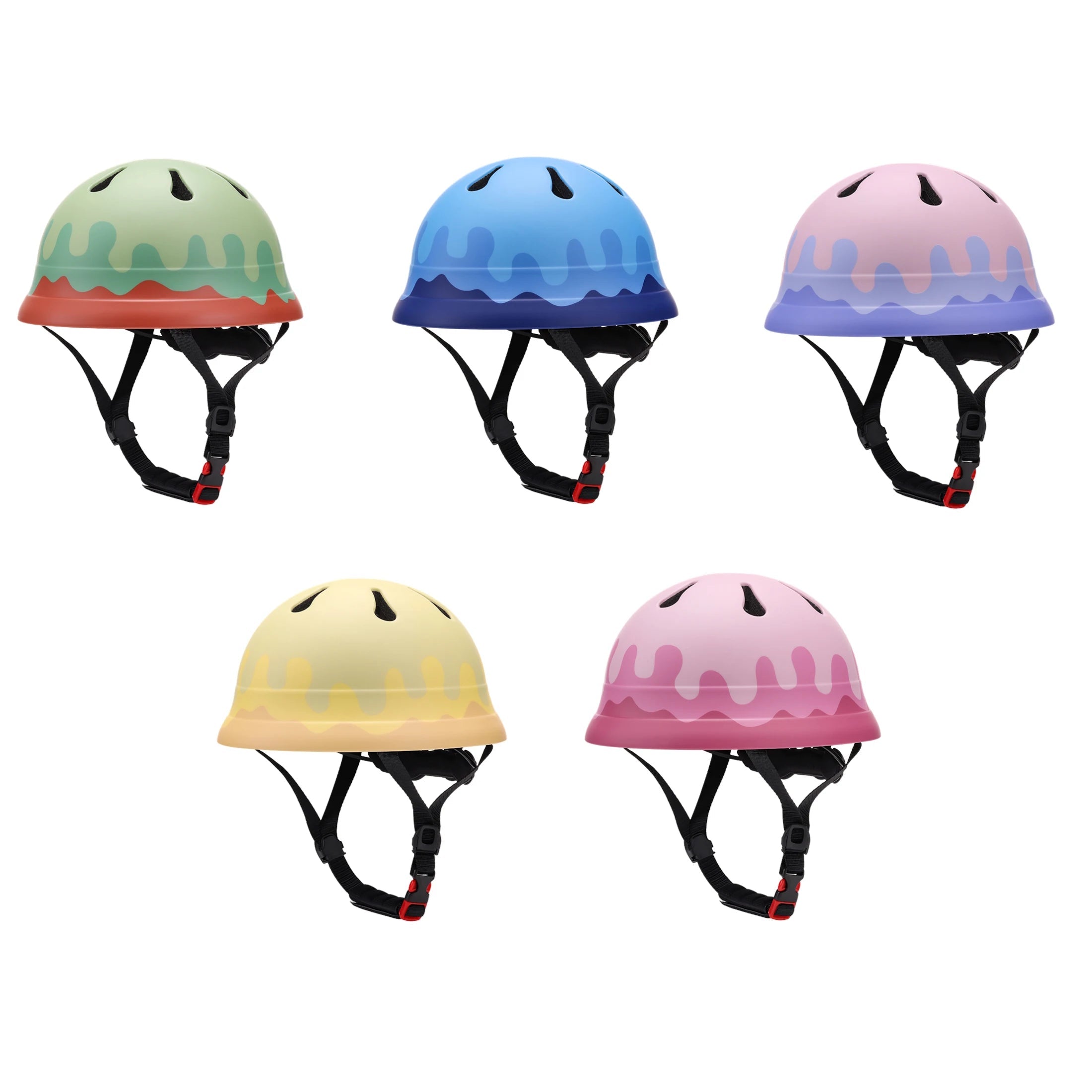 Babelio kids' colorful bike helmets with adjustable straps, displayed on white background.