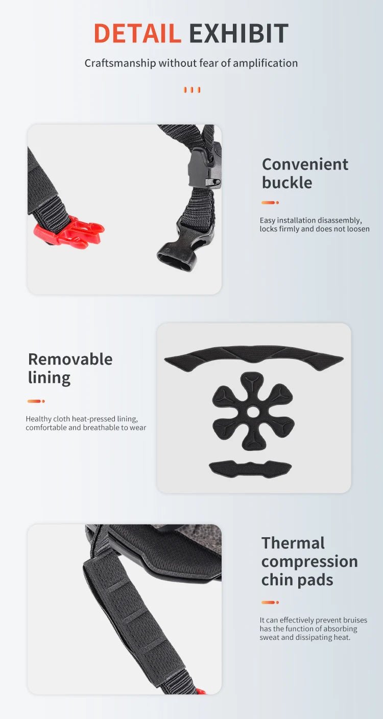 Babelio kids helmet features: secure buckle, removable lining, and thermal chin pads.