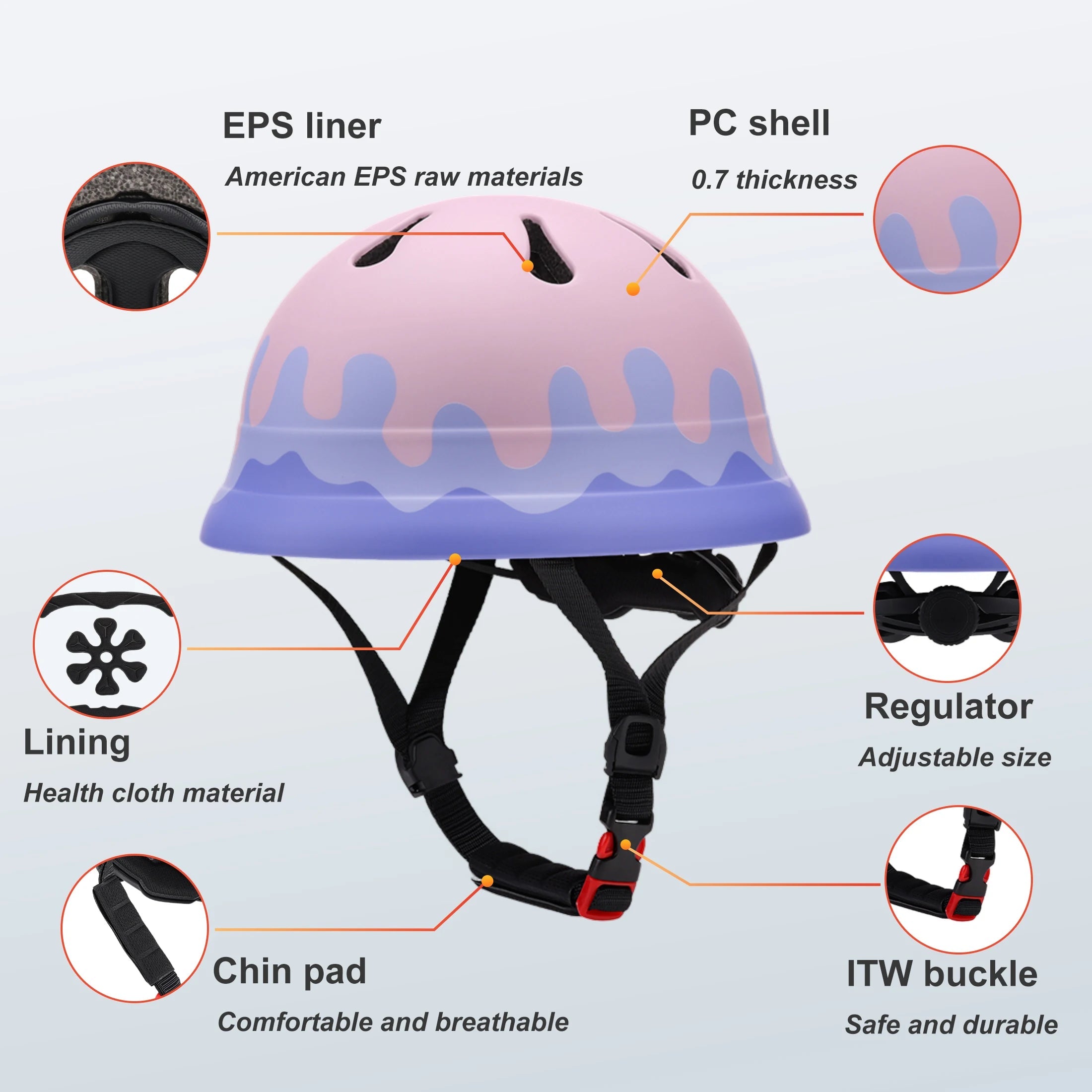 Babelio kids balance bike helmet with pink and purple design, labeled safety features.