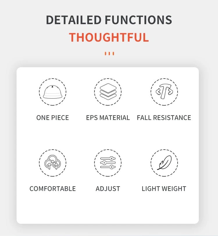 Babelio helmet features chart lists one piece, EPS material, fall resistance, comfort, adjustable fit, lightweight.