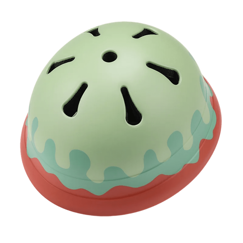 Babelio colorful kids bike helmet with ventilation holes, playful green and red design