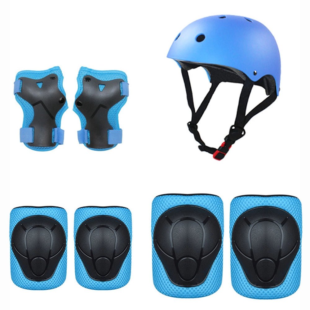 Babelio blue and black kids' safety helmet, knee pads, elbow pads, and wrist guards set.