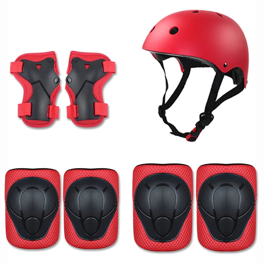 Babelio red and black kids helmet and protective gear set, isolated on white background