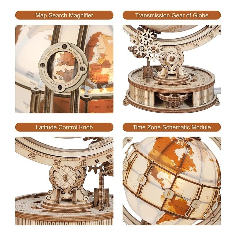 Babelio detailed wooden globe model with map magnifier, gears, and time zone features