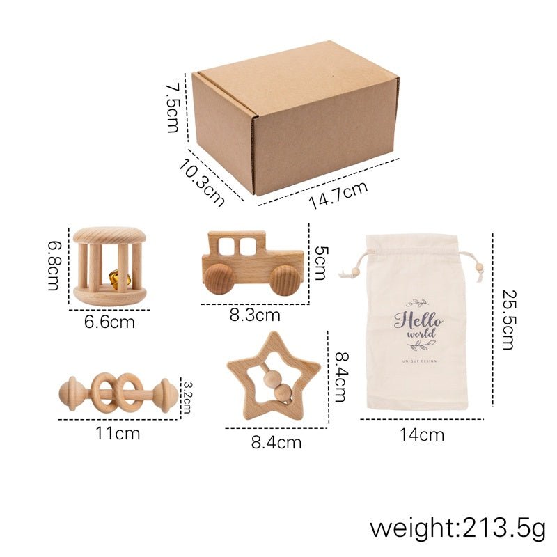 Babelio wooden baby toy set with storage bag and box, natural finish, eco-friendly gift.