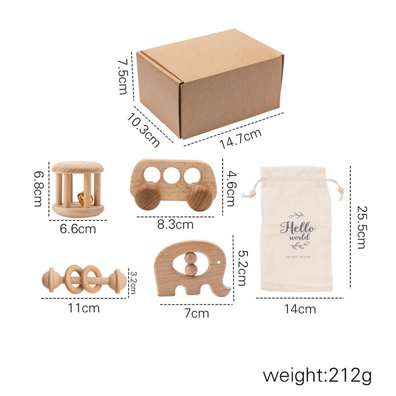 Babelio wooden baby toy set with storage bag and box, ideal for nursery play.