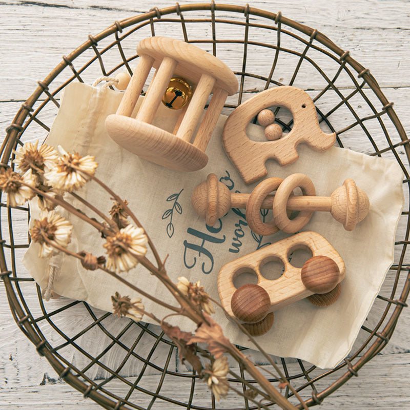 Babelio wooden baby toys in a basket on a rustic nursery table, natural and eco-friendly design