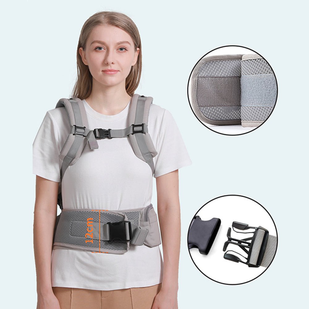 Babelio ergonomic baby carrier with hip seat and adjustable straps worn by woman