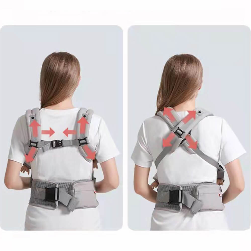 Babelio ergonomic baby carrier with adjustable straps shown on a woman, modern home setting