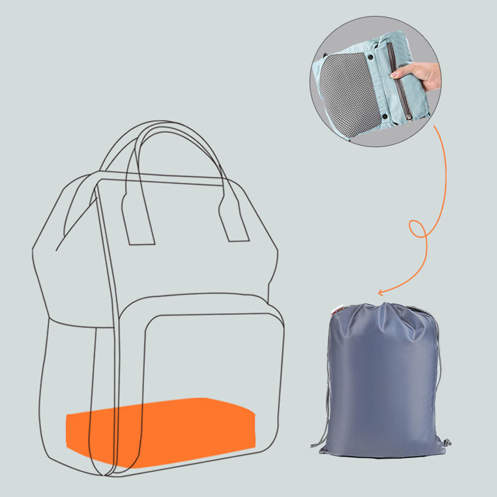 Babelio baby carrier with ergonomic hip seat shown compactly stored in a gray drawstring bag