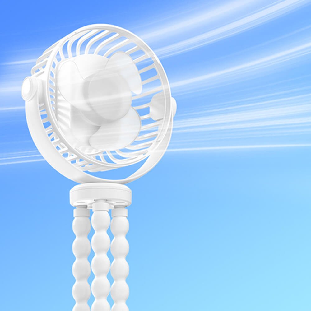 Babelio portable mini USB fan with flexible tripod legs against blue background